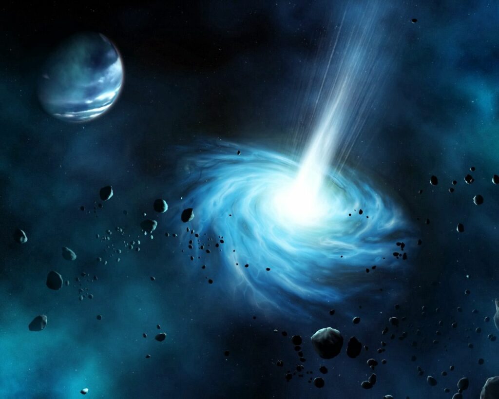 Vivid Cosmic Wallpaper: Luminous Energy Funnel & Asteroids