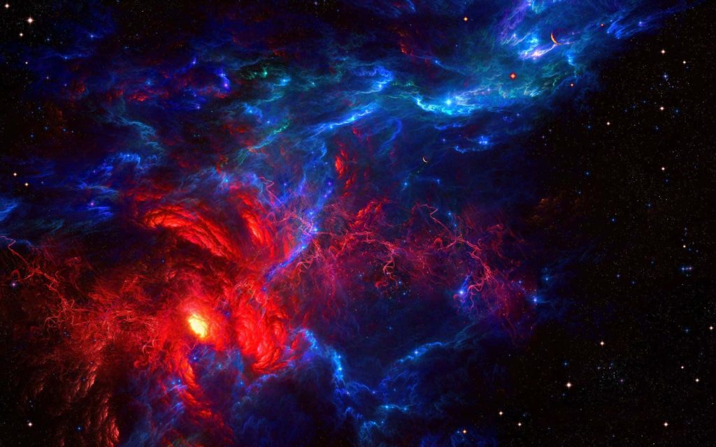 Vivid digital nebula wallpaper with glowing red and blue gas clouds in a cinematic space scene