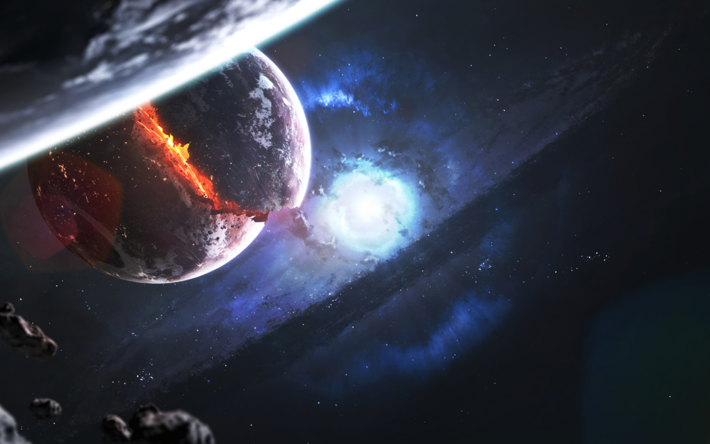 Fiery Planet Wallpaper: Dramatic Space Scene with Comets & Nebula