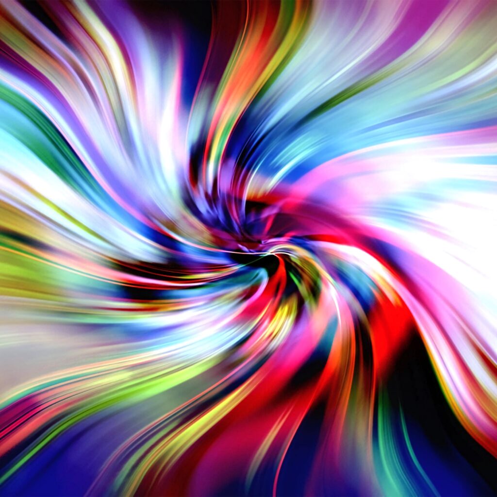 Vibrant dye wallpaper with swirling ribbons of red blue green and purple in fluid abstract design