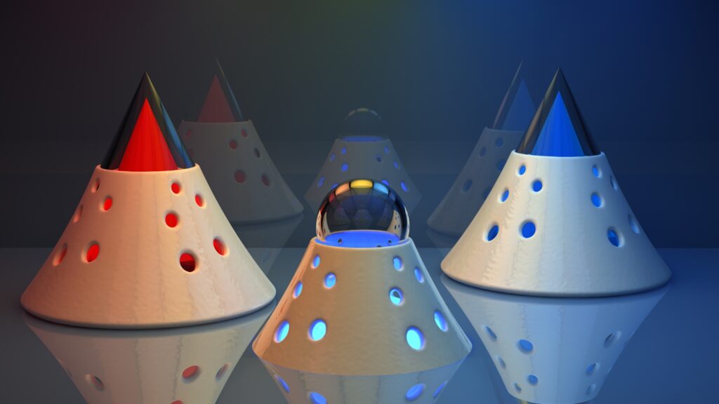 Vivid Futuristic Wallpaper: Colorful Triangular Cones & Glass Ball