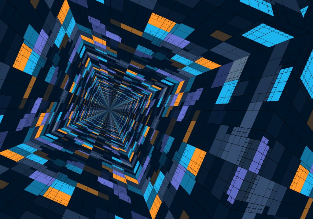 Vivid Geometric Tunnel Wallpaper: Depth & Movement in Blue, Purple, Orange