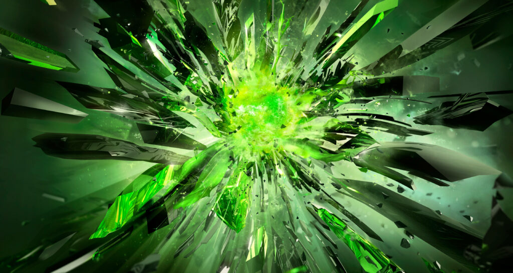 Vivid green crystal explosion wallpaper radiating light energy with dynamic futuristic shards burst