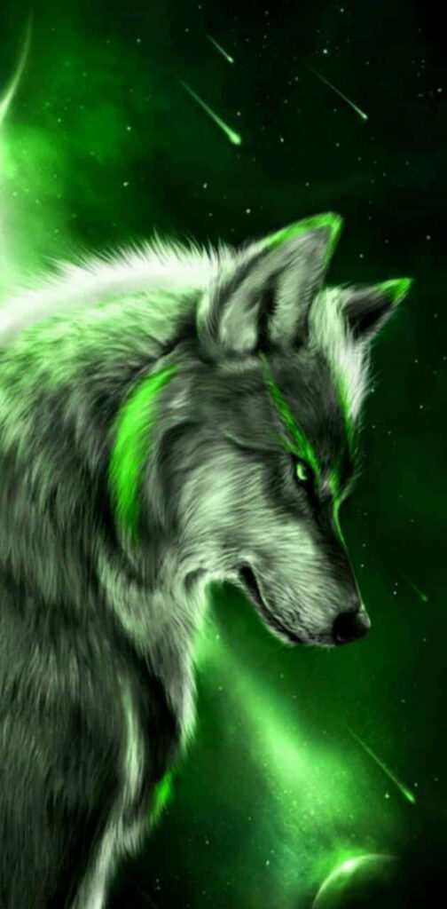 Vivid Green Wolf Wallpaper: Mystical Cosmic Background Art