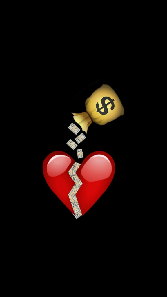 Glossy red broken heart repaired by falling dollar bills from money bag on black background wallpaper