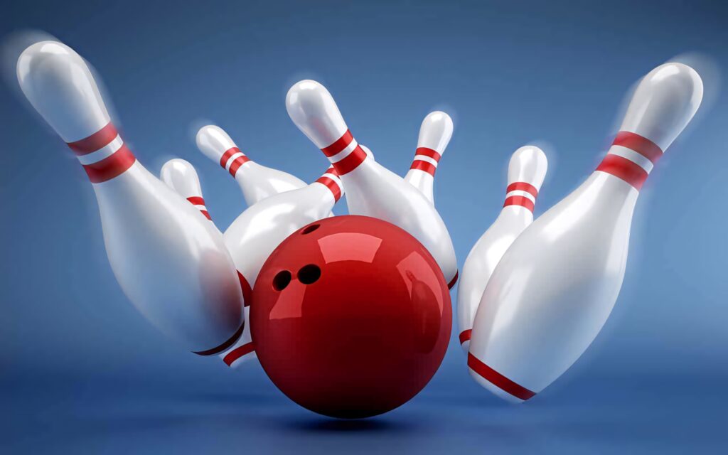 High-definition dynamic wallpaper of a vivid red bowling ball striking white pins on blue