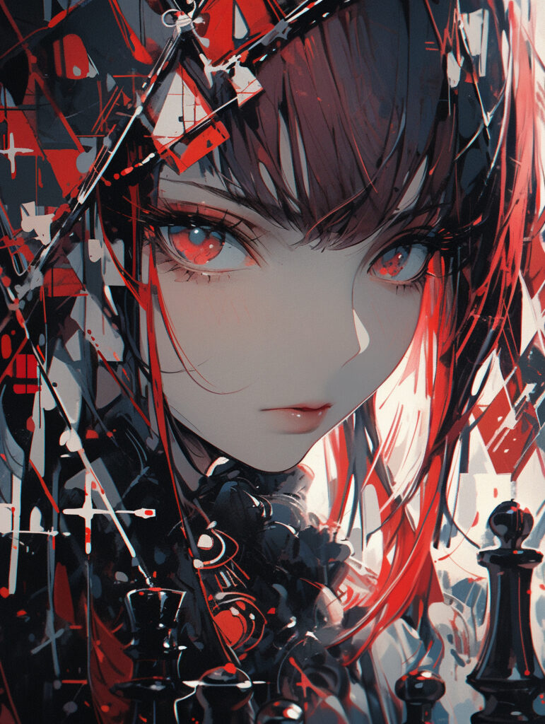 Vivid Red-Haired Anime Girl with Chess Elements - Artistic Wallpaper