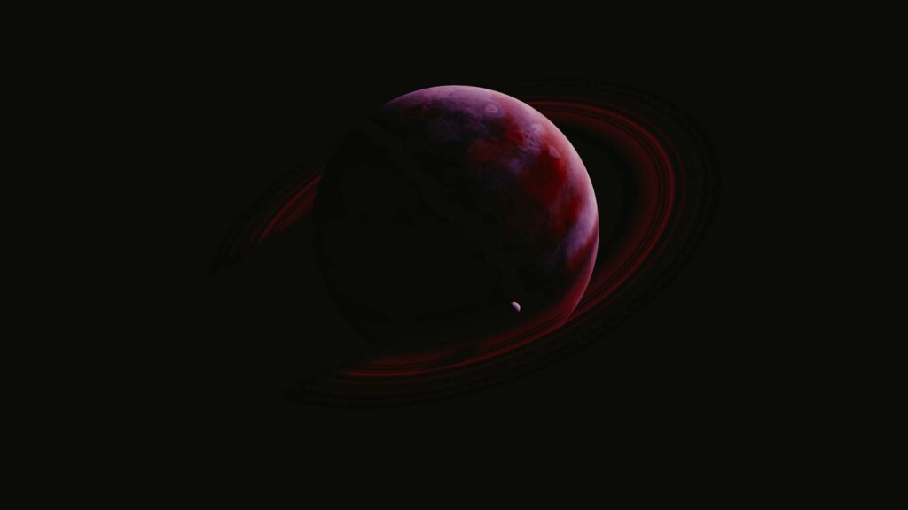Stunning Red Planet Wallpaper with Glowing Rings & Satellite Background