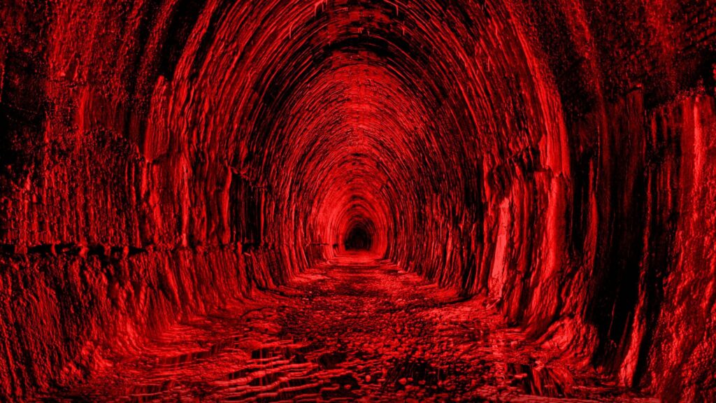 Vivid Red Tunnel Wallpaper: Surreal Atmosphere & Captivating Shadows