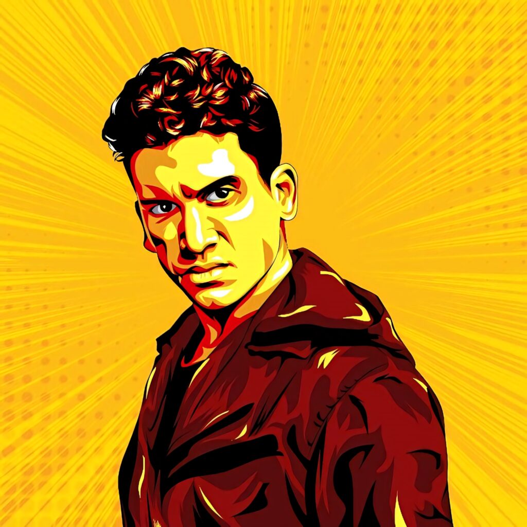Vivid Money Heist Rio fanart portrait on dynamic yellow background bold artistic wallpaper