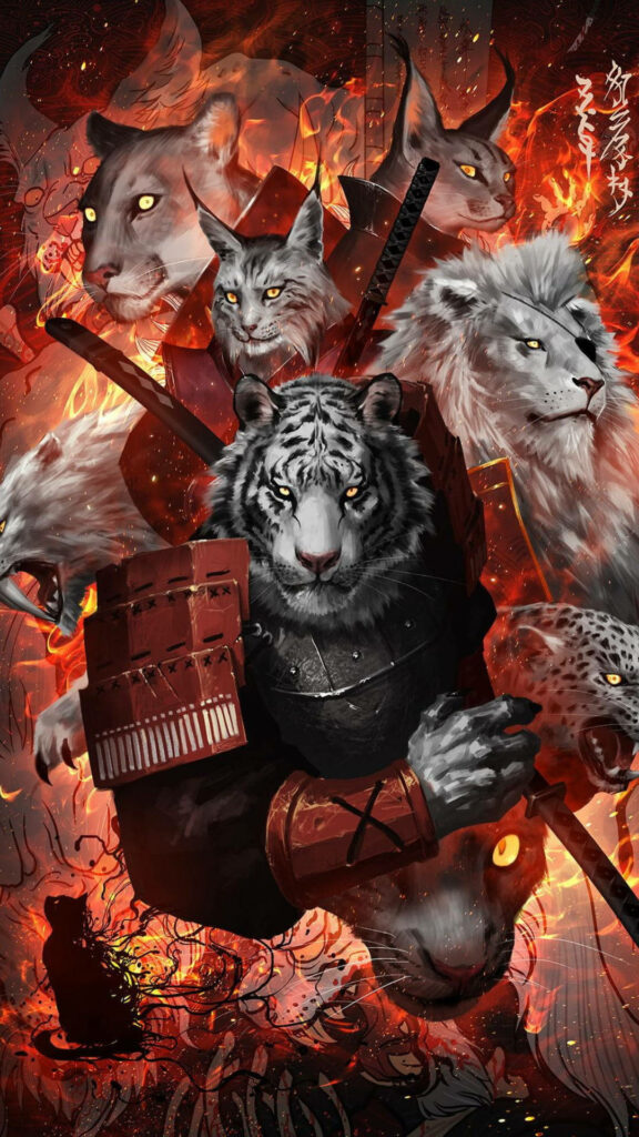 Samurai Lions and Tigers: Bold Dynamic Wallpaper with Fiery Aesthetics