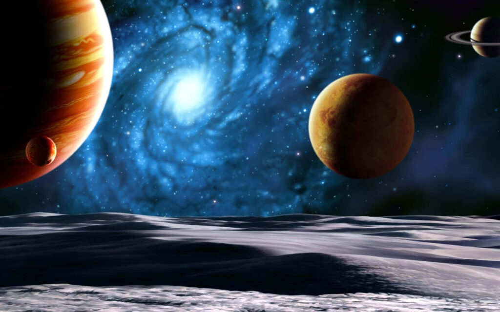 Stunning spiral galaxy with orbiting planets over a rocky lunar surface in starry space. Wallpaper
