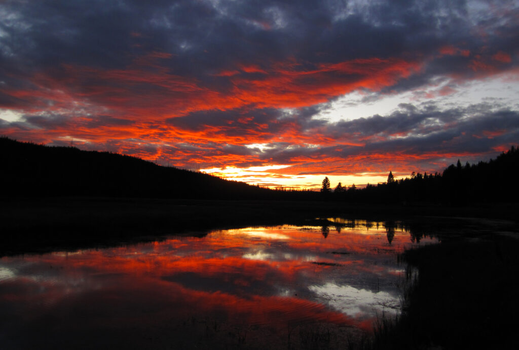 Vivid sunset over serene lake with fiery sky reflection and silhouetted trees wallpaper background