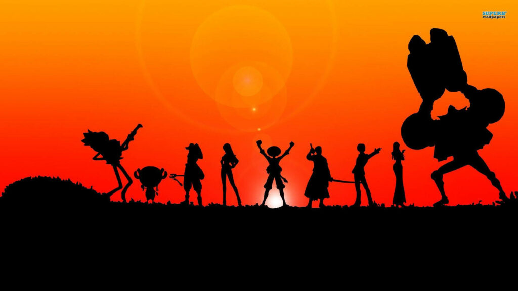 Sunset Unity: One Piece Character Silhouettes Unite Against Orange Horizon on Grassland Wallpaper