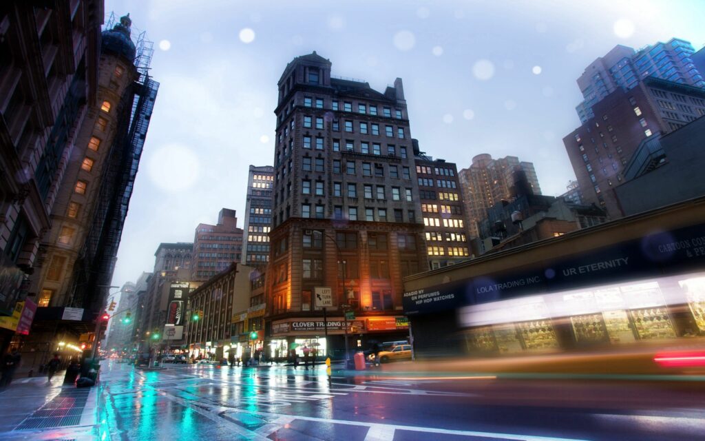 Vivid Urban Night Scene Wallpaper: HDR Reflections and City Life