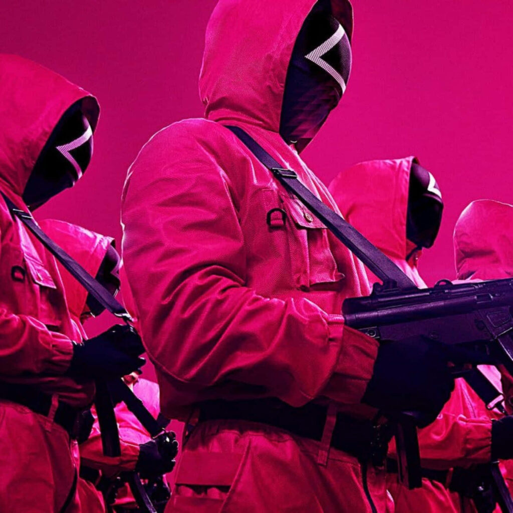 Hot Pink Squad: Armed Guards Parade in Squid Game-Inspired Profile Picture Wallpaper