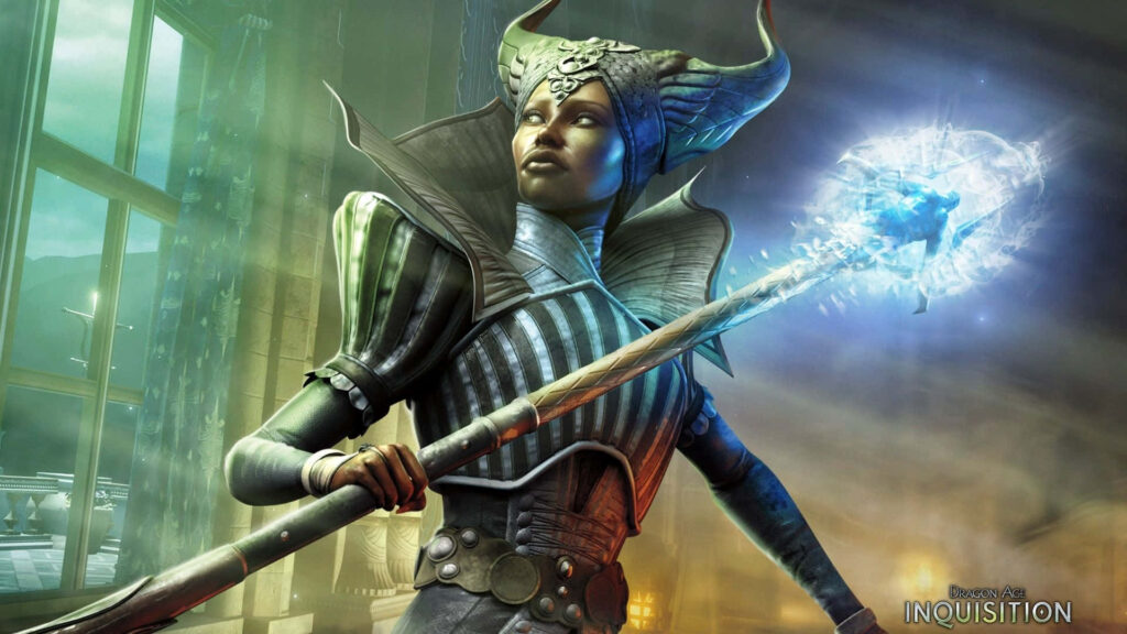 Dragon Age Inquisition: Mage Warrior in Armor with Staff in Fantasy Setting Wallpaper