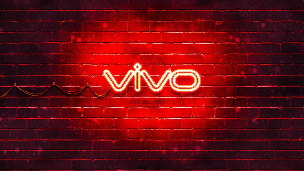 Vivo neon sign wallpaper glowing red LED logo on dark textured brick wall with power cord