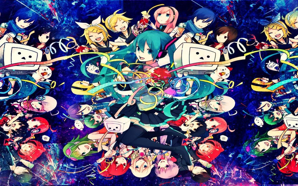 Vibrant Hatsune Miku anime wallpaper with Vocaloid icons Rin Len Kaito bright pop art blue background
