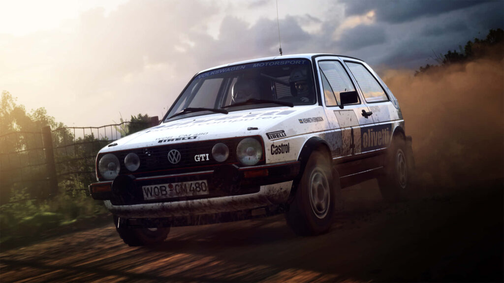 Volkswagen GTI rally car speeding on rugged dirt track kicking up dust in off-road race action Wallpaper