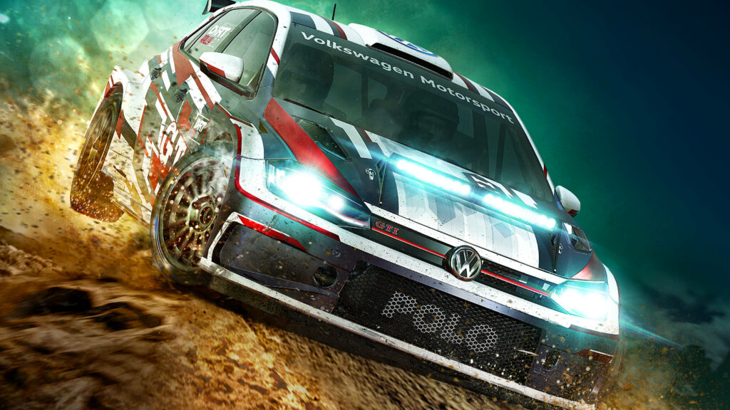Dirt Rally: VW Golf GTI Shines with Striking Blue Headlights in Psychedelic Illumination Wallpaper