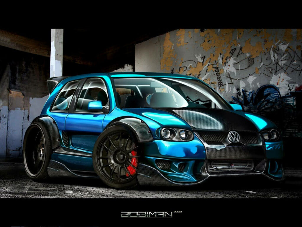 Volkswagen Golf wide body kit custom rims urban graffiti backdrop aggressive sporty car Wallpaper
