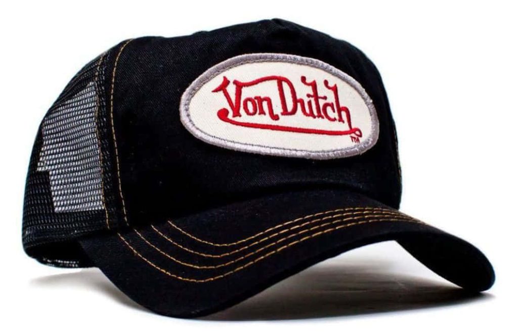 Von Dutch trucker hat wallpaper black cap with red logo mesh back Y2K style on white background