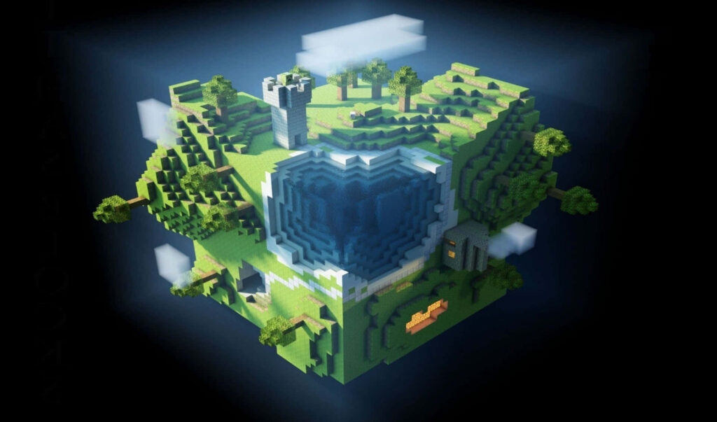 Voxel 3D Art: Floating Cube Island with Lush Landscapes & Clouds Wallpaper