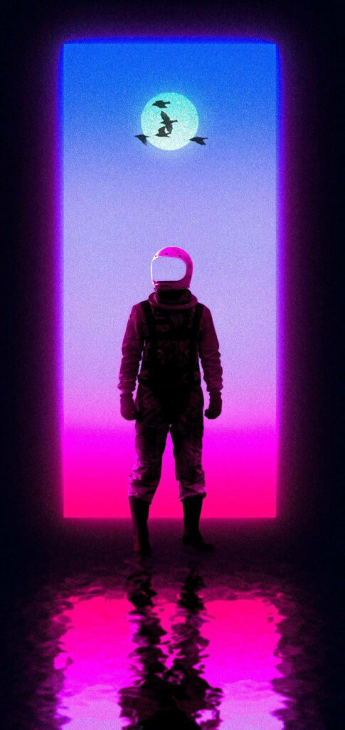 Vibrantly Lit Vaporwave Astronaut with a Majestic Planetary Backdrop - Purple Aesthetic Phone Background Wallpaper