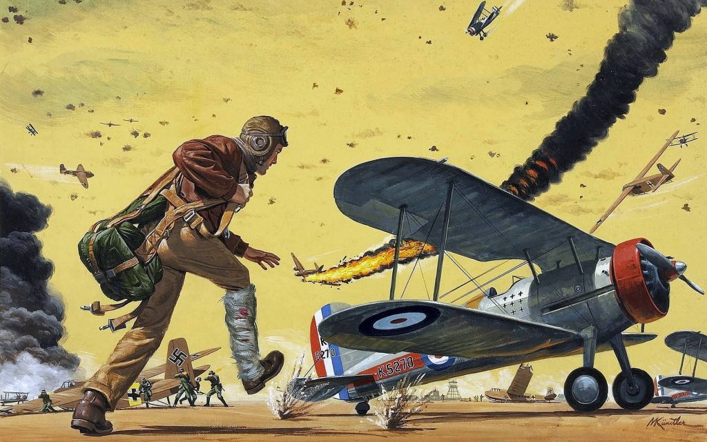 WW2 aviation painting of pilot rescuing Gloster Gladiator during Luftwaffe airfield attack explosion Wallpaper