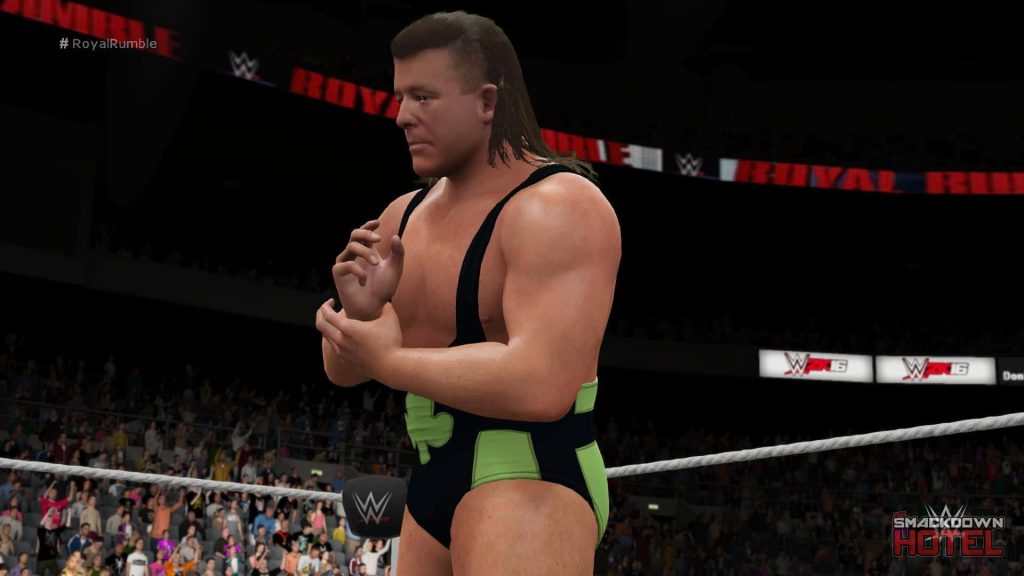 WWE 2K16 Fit Finlay CGI render in black green singlet with shamrock in Royal Rumble arena wallpaper