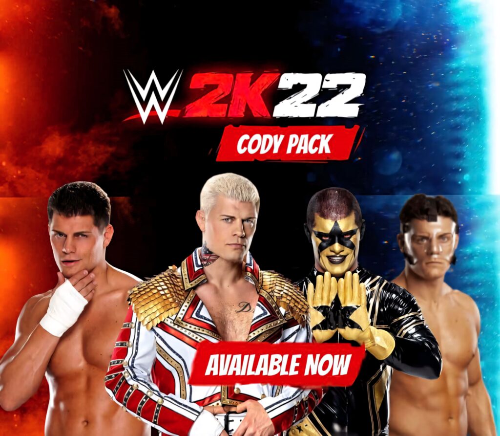 WWE 2K22 Cody Rhodes pack wallpaper with four iconic looks in vibrant reds oranges and blues