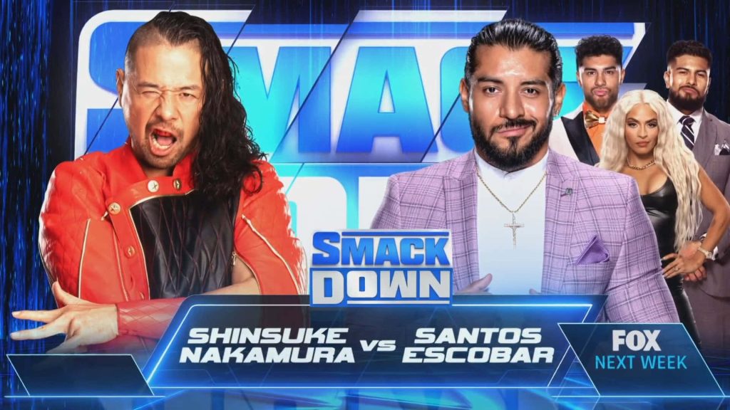 Shinsuke Nakamura vs Santos Escobar WWE SmackDown poster with Legado Del Fantasma background Wallpaper