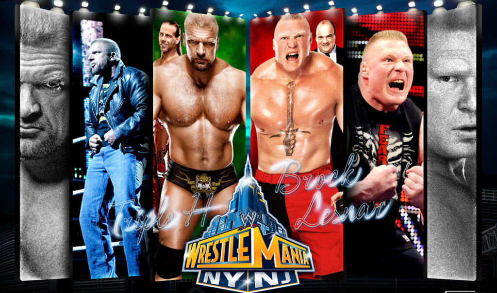 WWE WrestleMania 2013 wallpaper featuring intense rivalry Triple H and Brock Lesnar powerful poses