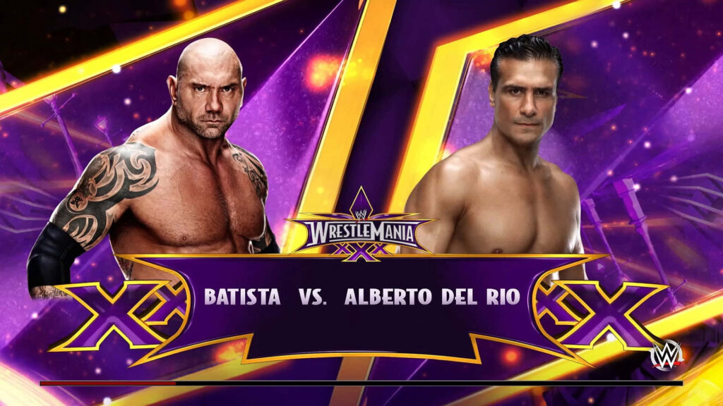 WWE Batista versus Alberto Del Rio WrestleMania wallpaper with vibrant purple and gold accents