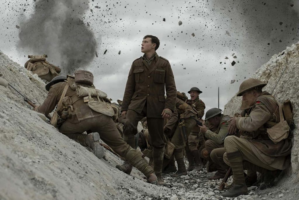 WWI intense trench warfare scene with George MacKay as Lance Corporal Schofield in 1917 film wallpaper