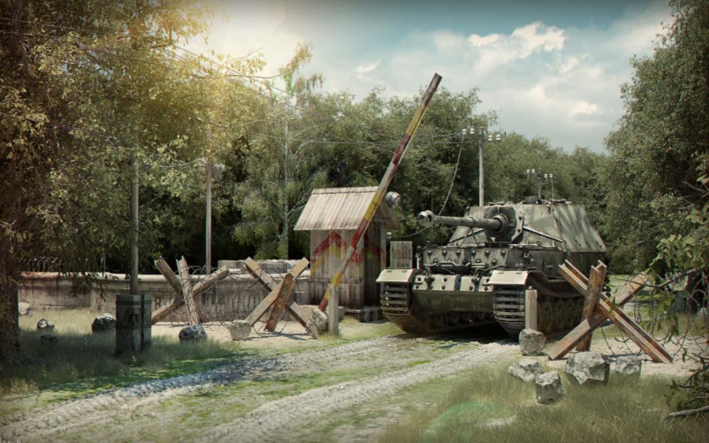 WWII German Elefant tank destroyer at forest checkpoint with barbed wire and anti-tank obstacles Wallpaper