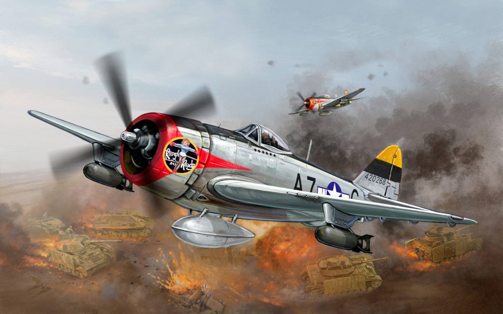 WWII Republic P-47 Thunderbolt Rough and Ready attacking German tanks on fiery battlefield wallpaper