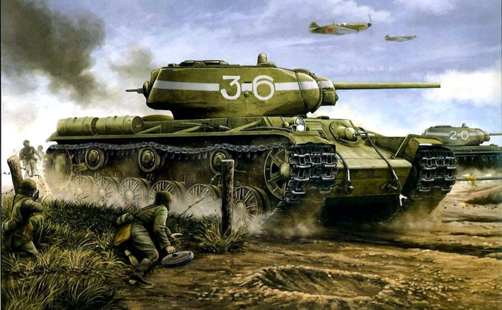 Soviet KV-1 heavy tank 3-6 advancing in WWII battle with infantry and aircraft support wallpaper