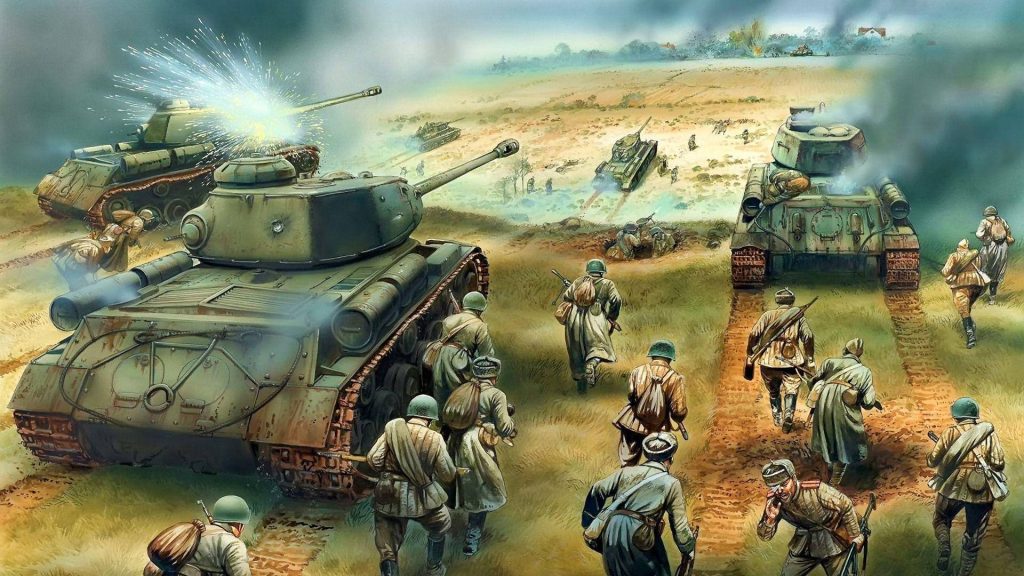 WWII Soviet T-34-85 tanks and infantry advancing in dusty battlefield with muzzle flashes Wallpaper