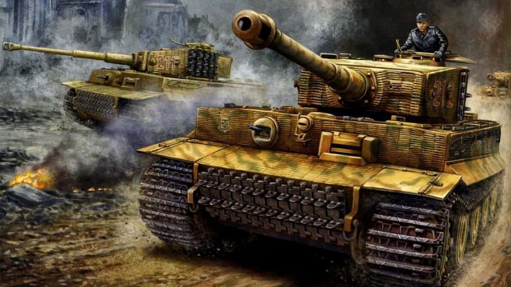 Two WWII German Tiger I tanks advancing through smoke on a battlefield digital illustration Wallpaper