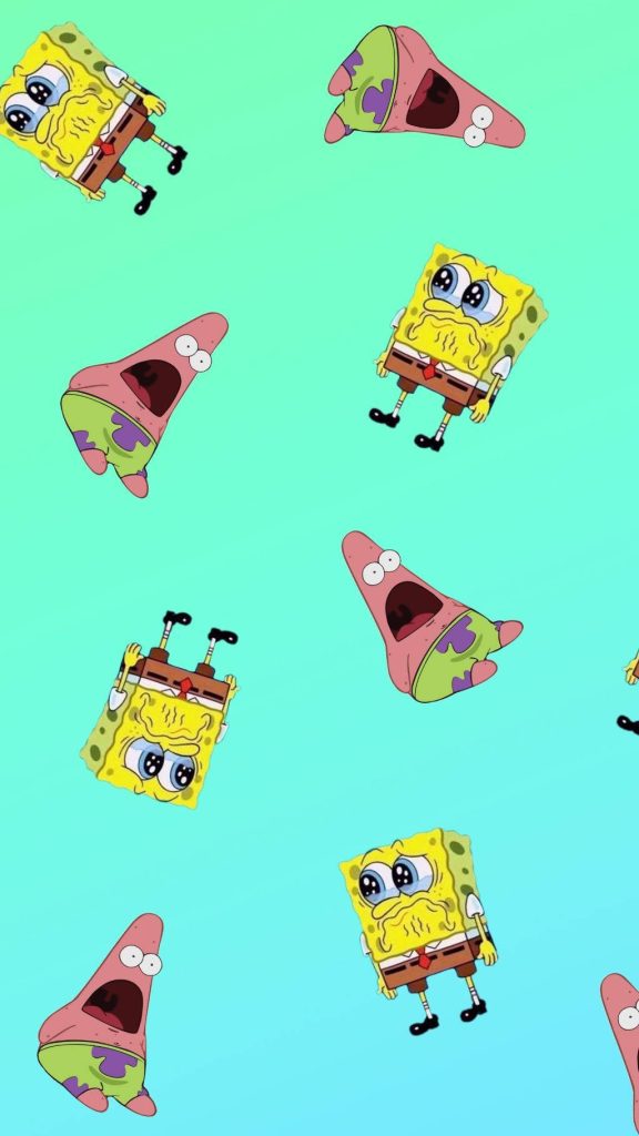 SpongeBob and Patrick wallpaper with vibrant teal background and playful cartoon design