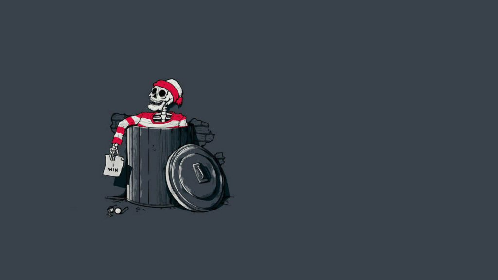 “Waldo Skeleton in Trash Can: A Humorous Twist on Classic Character” Wallpaper