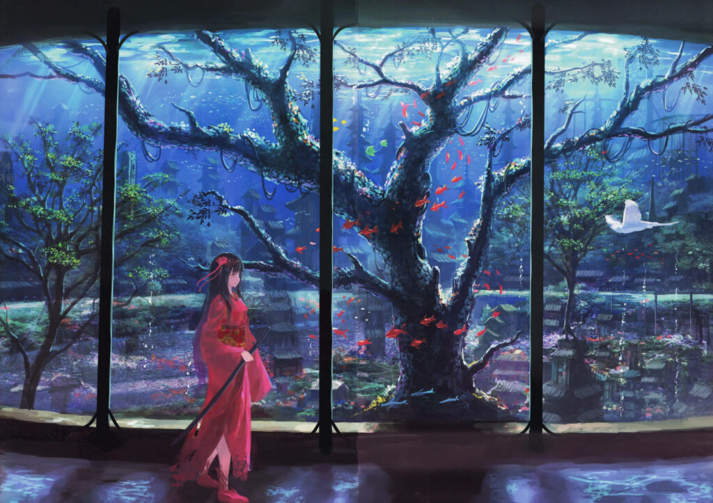 Serenity in Motion: Mesmerizing 8k Anime Backdrop Featuring a Graceful Kimono-clad Girl beside a Spectacular Aquarium Wallpaper