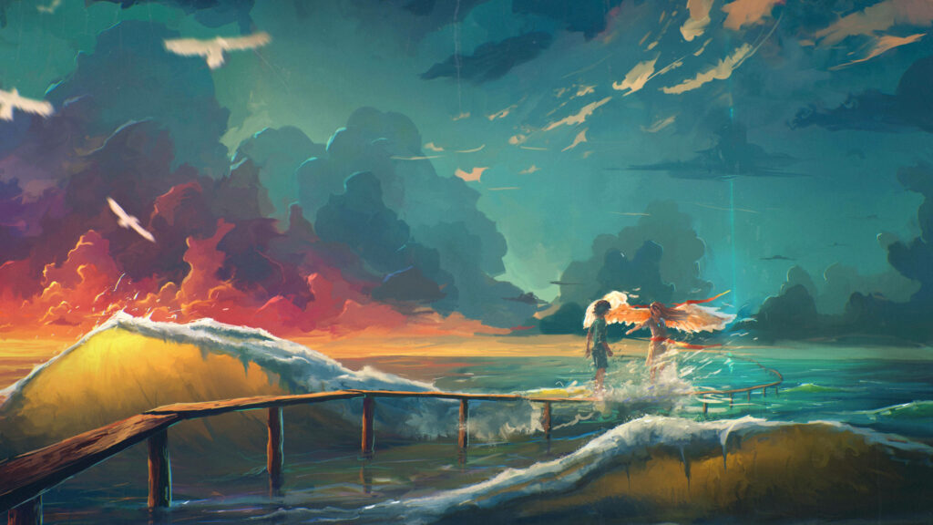 Young figure walks on pier toward glowing angel over ocean waves at vivid sunset fantasy scene Wallpaper
