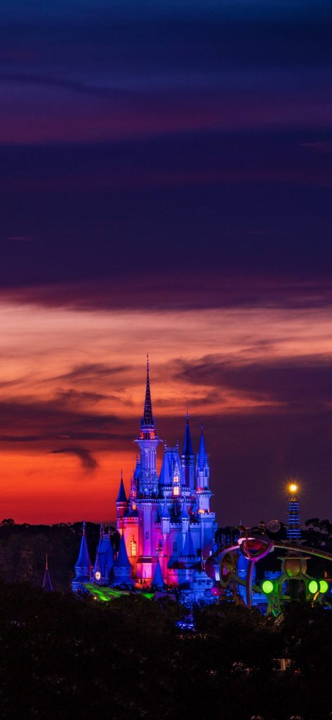 Walt Disney World Cinderella Castle glowing at sunset with lush silhouettes Magic Kingdom wallpaper