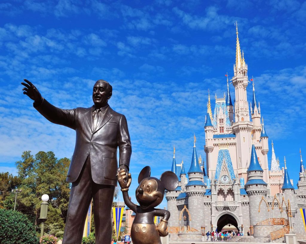 Walt Disney World Partners statue of Walt and Mickey with Cinderella Castle blue sky wallpaper