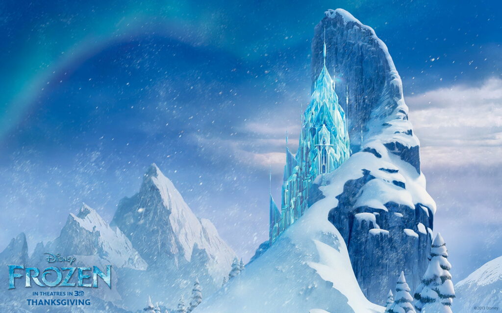 Elsa's majestic Frozen Ice Castle with snow-capped mountains vibrant 3D CGI wallpaper background