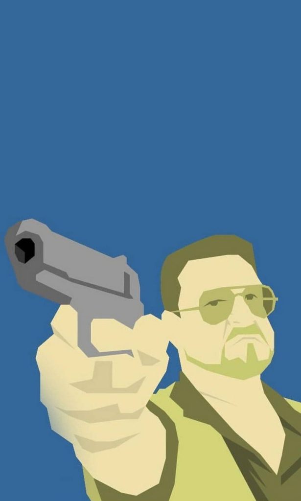 Minimalist digital illustration of Walter Sobchak from Big Lebowski pointing gun on blue background Wallpaper