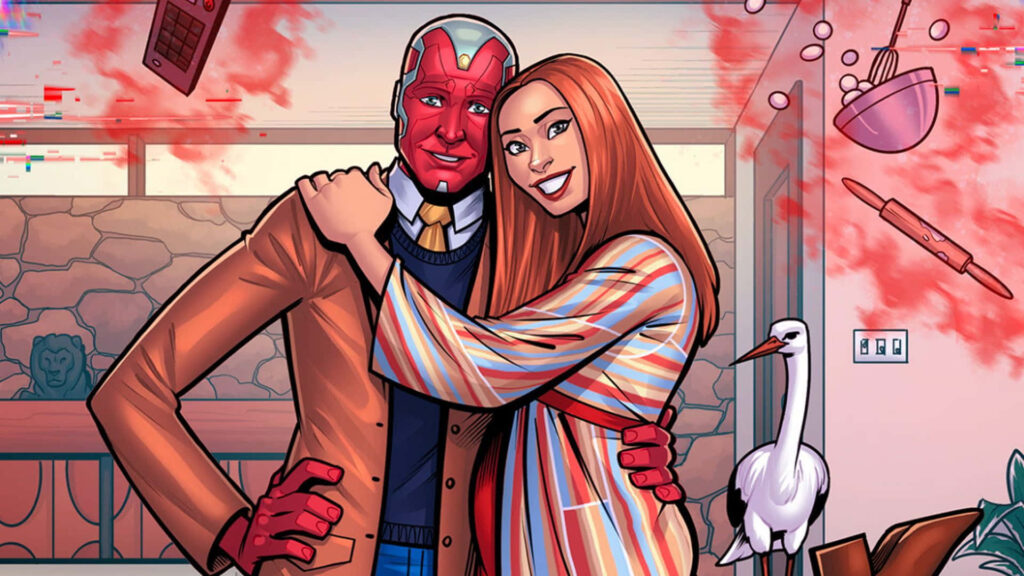 Vibrant Wanda Maximoff & Vision Embrace in Dreamy Wallpaper Background
